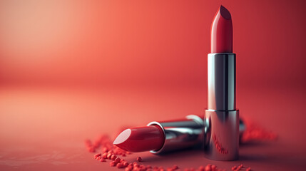 elegant red lipstick tubes on a vibrant red background with scattered particles