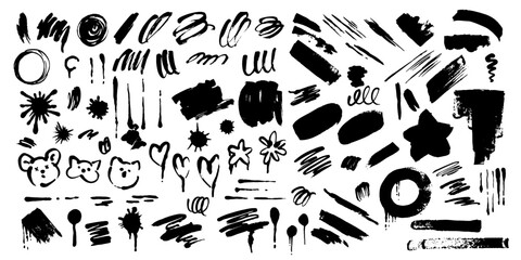 Set of cute, kawaii doodles. Hand drawn characters, brush strokes, flowers, cat, bear, splatters, blots, scribble set.