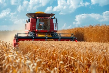 Fototapeta premium Amidst a vast golden wheat field, a modern harvester machine busily reaps crops under the bright, sunny sky symbolizing harvest season and agriculture productivity