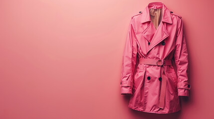 elegant pink trench coat hanging against a matching pink background, with a copy space for text