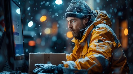 Delivery man with boxes in front of computer screen. Express delivery. Online shopping, order tracking or delivery app.