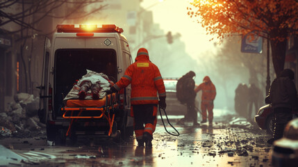Rescue team staff working to transport injured patient to ambulance to hospital in city street