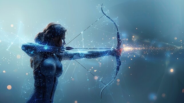 A man holds a bow and arrows and shoots them at the target. Target shooting concept, target setting, reaching target. Digital illustration.