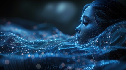 Dark Beauty: A Woman Floating on a Glowing Digital Tablet