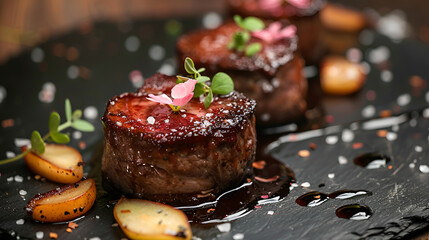 Gourmet foie gras dish with a rich red wine reduction. Generative AI - obrazy, fototapety, plakaty