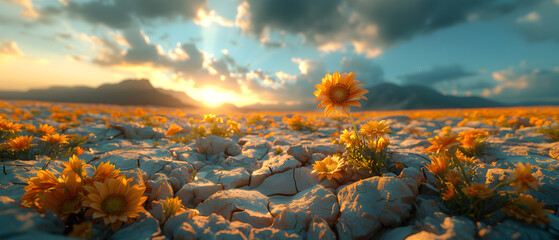 64k, 8k widescreen, wallpaper, amazing lanscape scene, flowers in desert, Scenic landscape view with snow-capped mountains, 