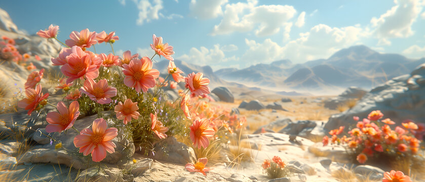 64k, 8k widescreen, wallpaper, amazing lanscape scene, flowers in desert, Scenic landscape view with snow-capped mountains, 
