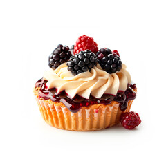 Tartlet with custard vanilla cream with fresh berries isolated on white background. Summer dessert