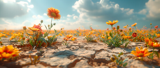 64k, 8k widescreen, wallpaper, amazing lanscape scene, flowers in desert, Scenic landscape view with snow-capped mountains, 