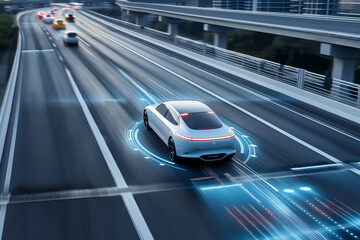 Future car technology, driverless cars, autonomous cars with surround sensors, on the highway.