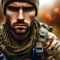 Soldier in Contemplation with Beanie and Tactical Scarf - obrazy, fototapety, plakaty