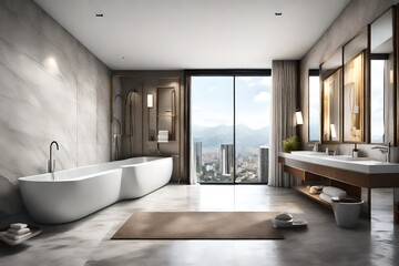 Fototapeta na wymiar Modern hotel bathroom interior with bathtub and sink, panoramic window