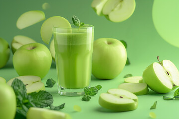 Green apple smoothie glass, with raw material of green apple and mint leaves placed around the glass.