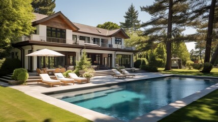 Obraz premium Mediterranean inspired villa with a sprawling garden and a private beach access in the exclusive Hamptons, New York