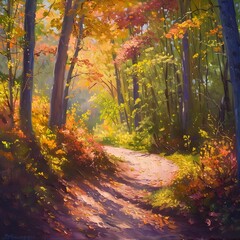 Autumnal Forest Path Basking in Late Afternoon Sunlight A Masterpiece of Romantic Realism Oil Painting