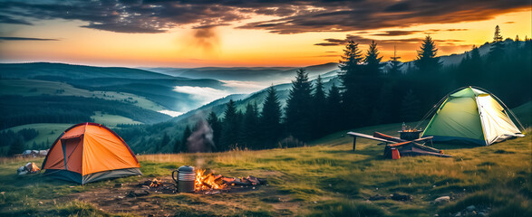 campsite in the mountains at night. a group of tents set up on a grassy hill, campfire in background, carpathian mountains. at a campfire in the forest, bright orange camp fire, landscape photography  - obrazy, fototapety, plakaty