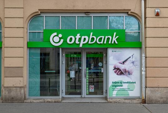 Budapest, Hungary - April 22, 2023: A picture of the facade of an OTP Bank branch.