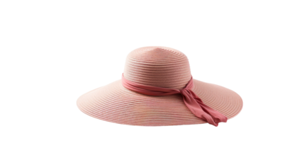 A pink floppy hat adorned with a delicate pink ribbon around the brim