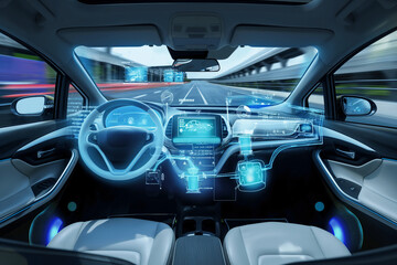 Inside of car, Future car technology, driverless cars, autonomous cars with surround sensors, on the highway.