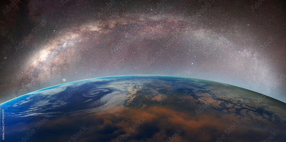 Poster planet earth in front of the milky way galaxy 