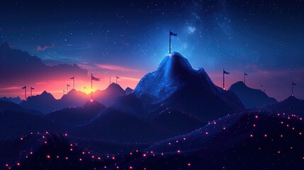 Mountain with a flag on the top success and ambition Goals of success. Digital image with mountain peaks and constellations - obrazy, fototapety, plakaty