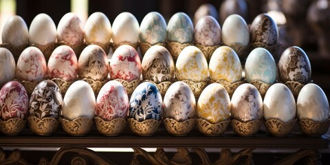 Easter eggs with filigree carvings, presented in pastel colors on elegant stands.
Concept:...