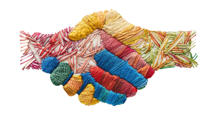 Close up shaking hand on transparent background. 
 Unity and teamwork concept. Handshake in cross-stitch style