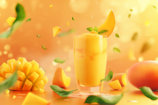 Mango smoothie glass, with raw material of mango and mint leaves placed around the glass. Tropical smoothie.