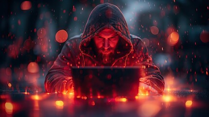 man wearing a hoodie Hacker with laptop on black technology background Cyber-attack and cyber security concept computer hacking digital technology. - obrazy, fototapety, plakaty