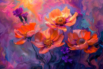 A bouquet of lively, orange and pink flowers bursts into focus against a backdrop of swirling, abstract colors, conveying a dreamy, artistic vibe.
