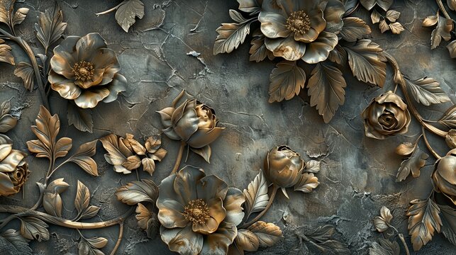 Artistic bronze embossed flowers on a dark textured background, representing a luxurious vintage floral design.
