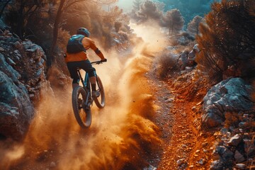 In the warm glow of sunset, a mountain biker speeds down a steep and dusty mountain trail