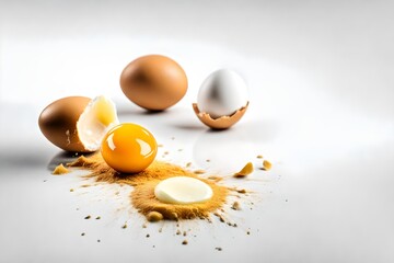 Broken egg and egg yolk on white panoramic background with copy space - Powered by Adobe