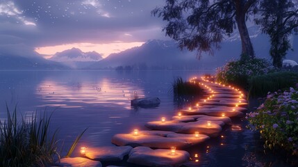 Serene twilight pathway lit by candles over water.