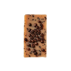 A bar of soap adorned with coffee beans