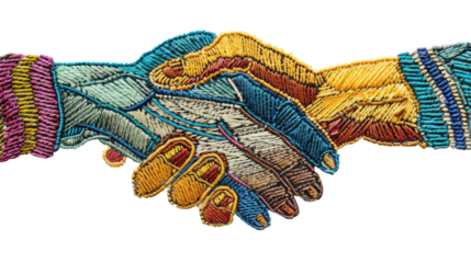 Close up shaking hand on transparent background. 
 Unity and teamwork concept. Handshake in cross-stitch style