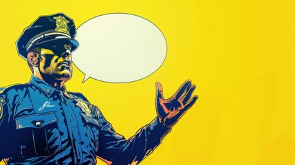 Vector illustration of police officer with hand gesture. Comic book.