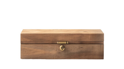 A wooden box with a handle standing on a white background