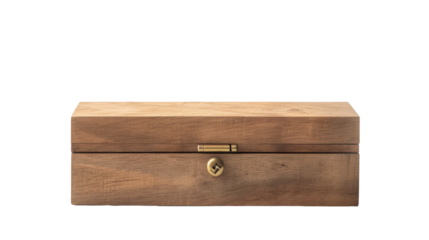 A wooden box with a handle standing on a white background