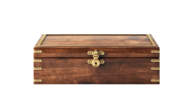 A wooden box with brass handles resting on a white background