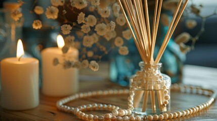 Elegant home decor with candles and pearls