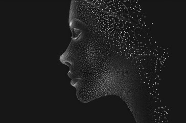 minimalistic grayscale abstract close-up image of a woman's portrait . A silhouette of dots and particles. Beautiful graphic half-tone woman portrait. Elegant design for printing posters, advertising 
