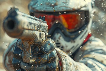 A skilled paintballer in full protective gear focuses while aiming his marker with precision in a game - obrazy, fototapety, plakaty
