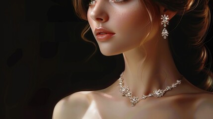 Girl neck is decorated with a stunning necklace, her ears with sparkling earrings, and her wrists with an elegant bracelet