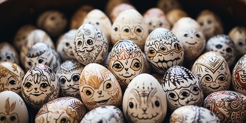 A set of hand-painted Easter eggs with patterns and cartoon faces, presented in a cardboard...
