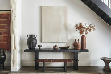 Minimalist interior with white canvas and ethnic pottery