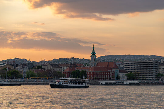 Budapest, Hungary - April 22, 2023: A picture of the Church of Stigmatisation of Saint Francis at sunset.