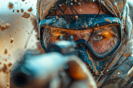 A detailed image capturing the intense focus of a futuristic soldier mid-battle, splattered with mud and water droplets