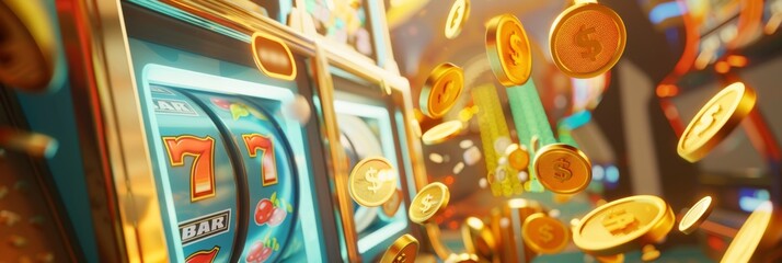 Big Win 777 jackpot with 3D rendering of coins flying out of the machine - obrazy, fototapety, plakaty