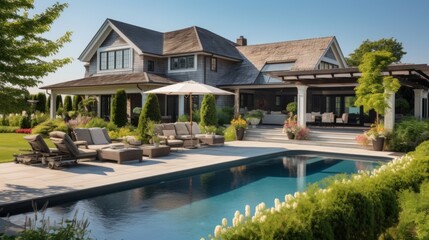 Obraz premium Mediterranean inspired villa with a sprawling garden and a private beach access in the exclusive Hamptons, New York